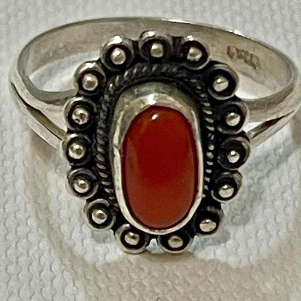 VTG Southwest Native American Sterling Silver Coral Ring Sz 7.5